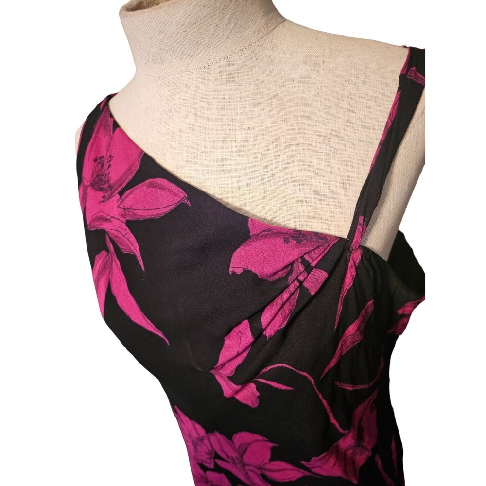 Evan Picone floral dress size 12 fuchsia black asymmetrical midi ruffle hem - Picture 3 of 9